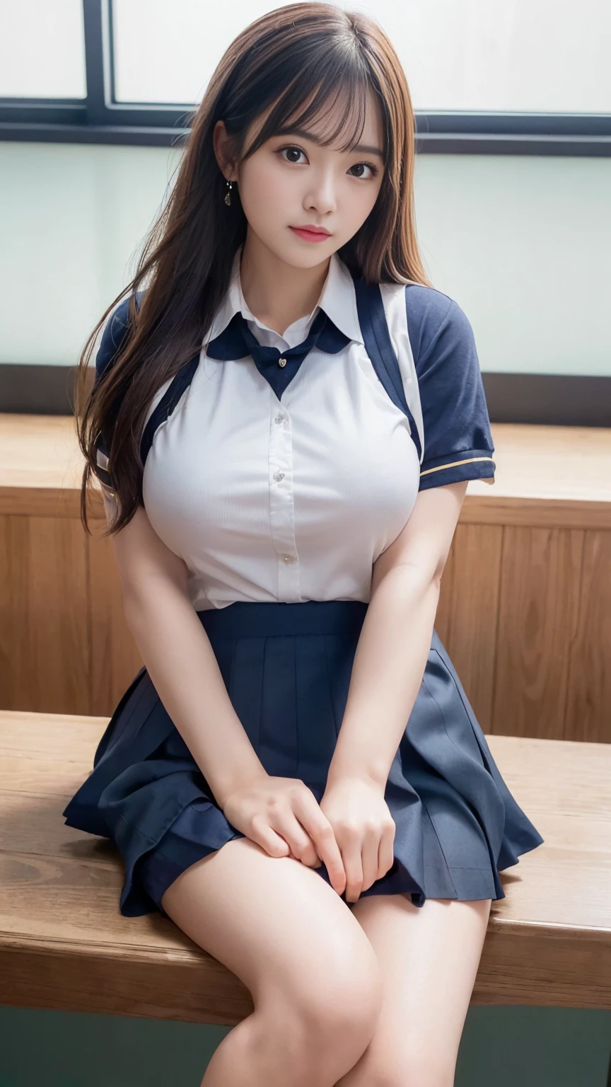 ((Beautiful girl in Japan:1.3)) ((School Uniforms:1.4)) ((pantyshot:1.5)) ((highschool)),((Dark blue skirt:1.3)) ((in class room:1.3)) ((Thin_fabric:1.4)) ((Random sexy poses:1.3)) ((full of sweat:1.5))((with a flushed face:1.4)) ((Big breasts:1.4)) ((close-up:1.2)) Best Quality,masutepiece,超A high resolution,(Photorealistic:1.4),Raw photo,(Authentic skin texture:1.3),(Film grain:1.3),the panorama,Character Portrait,Very Wide Shot,Narrow waist,Cowboy Shot,(In the Dark, deepshadow, lowkey, cold light,) Night,(()),Streaming Tears,,Dust,Tindall Effect,(expression),1girl in,beautiful detailed eyes and face,White Jabot,Brown eyes,((Brown hair:1.2)) ((Full body:1.3)) ((Smile:1.3))