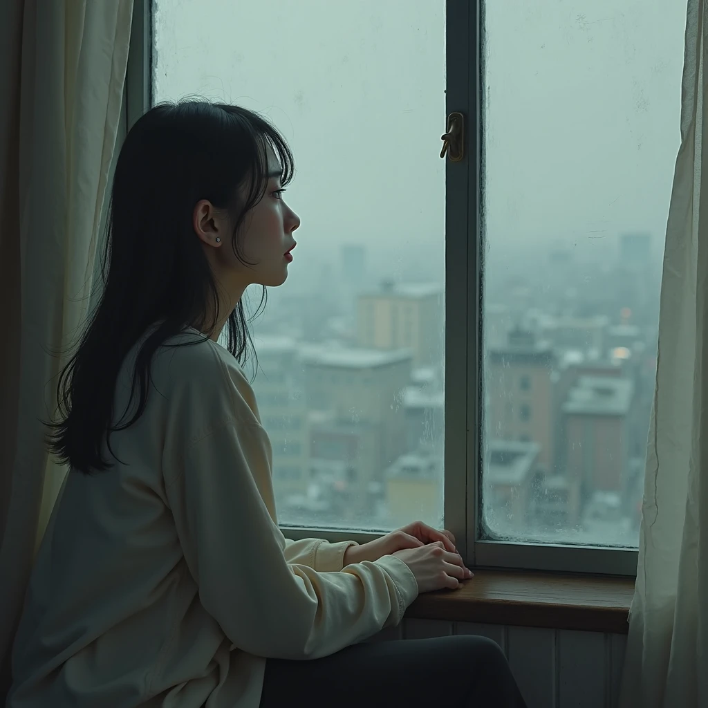 (japanaese girl,独奏, bangss,long, Small round face:1.2), (flat chest:1),Wearing a fashionable jacket, rainy day,Sitting on a chair in a café and looking out the window,With a cheek cane,Modern indoor café, Coffee, Cinematic lighting, depth of fields,
(8K, Raw photography, top-quality, masutepiece:1.2), ultra res, (Realistic, photos realistic:1.37).