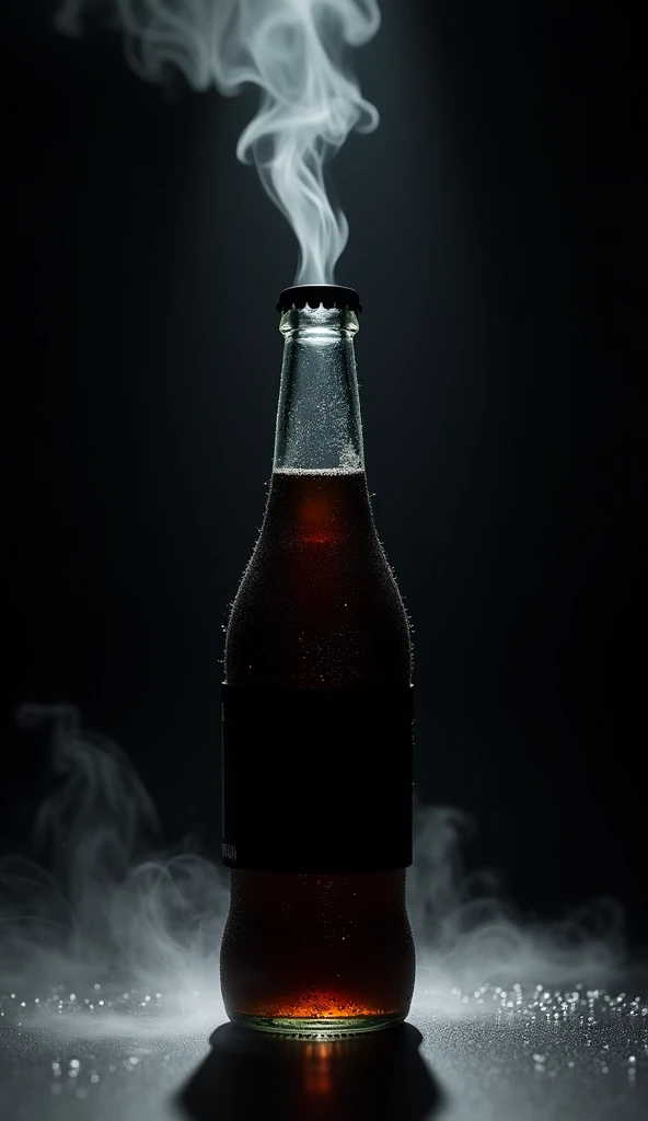 "A classic black cola bottle with a sleek black label, standing on a dark matte table in a pitch-black room. A single focused spotlight from above highlights the bottle, with condensation droplets visible on its surface. A thin mist gently rises from the bottle’s base, creating a dramatic and mysterious effect. The bottle cap has just been opened and is seen mid-air, having popped off dramatically. A soft, swirling mist escapes from the top of the bottle, creating an intense and mysterious aura. The aspect ratio is 9:16 for a vertical cinematic shot."