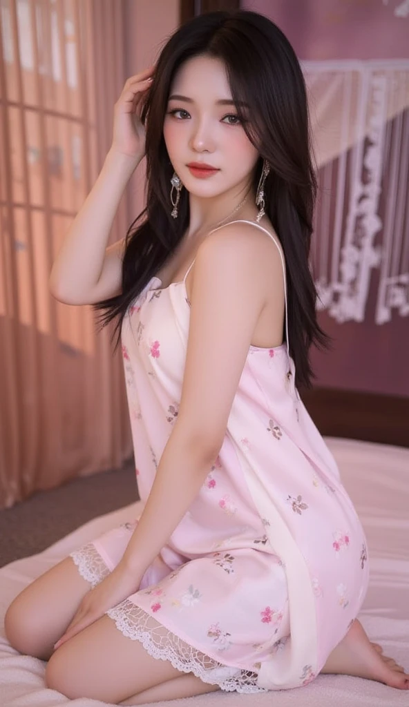 ((whole body from thighs:1.5)), ((Photorealism)),
((highest quality, 8k, masterpiece: 1.3)), Perfect body beauty: 1.4, Slim Abs: 1.2, Beautiful Woman With Slim Abs:1.3, (Highlight Haircut, Breast A cup:1.2), Small breasts, Round shaped breasts, Perfectly shaped breasts, Highly detailed face, Beautiful woman, (Dark brown shortcuts), Slim face, Highly detailed face and skin texture, Highly detailed lips, Spread your legs, highest quality, masterpiece, 超A high resolution, (Realistic:1.4), Open your arms, Length shot ,
((20-year-old, Beautiful female college student)),
((Take off your uniform, Cute floral nightgown, Too much exposed skin:1.5)),
((Cute Earrings, Silver Necklace)),
((Cute girl's room, Teddy bear, White bed:1.5)),
((Dark Room:1.7)),
((Lying in bed under the covers, Head resting on the pillow, I can see your beautiful thighs:1.2)),
((Sexy atmosphere, Gaze seducing a man, hold out your lips, A sigh escapes:1.2)),
((Touching the crack of one's crotch with one's fingers, Focus on the crotch:1.2)),
((Lift your face a little)),
((Squint your eyes)),
((purse your lips:1.2)),
((Blushing:1.2)),
((Open your mouth a little to show your white teeth)),
((Body facing forward)),
((The cleavage is fluffy, Beautiful breasts)),
Narrow shoulders, Beautiful clavicle, Long, slender legs,
The Beauty of Slim Abs, Thin waist,
Ultra-detailed skin, Fair skin, Glossy Skin, Ultra detailed face,
Ultra-detailed eyes, Slit eyes, Brown eyes, double eyelid, Beautiful thin eyebrows, Thin, long eyelashes,
Ultra-detailed lips, Fuller lips, Glossy pink lips, Flushed Cheeks, White teeth,
Beautiful actress's languid make-up, Pink lipstick, Smoky eyeshadow, Eye foundation,
Dark brown hair, Delicate and soft hair, Hair blowing in the wind,
(Elegantly putting your hair up, short hair, ponytail:1.5), Layered Cut, (Blunt bangs:1.2),