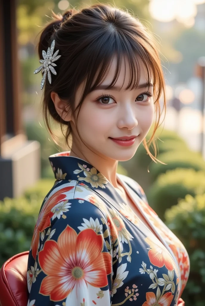 (masutepiece:1.3, Photorealsitic:1.4, 8K), top-quality, ​masterpiece, 超A high resolution, Perfect dynamic composition, Professional camera work, Grow Light Effect, Realistic portrait, Cinematic Light, Highly detailed skin and facial texture:1.3, The ultra-detailliert, A detailed eye, Detailed limbs, autumnal, Autumn leaves landscape in the evening:1.25, 1girl in, Cute sexy 23 year old slim woman, Fair skin, Autumn leaves are dancing:1.25, (Enraptured look:0.9, Totally captivates you:1.0), (Red kimono:1.31 Only shoulders and scapula exposed), (Backshots, Calm pose), (voluptuous breasts:0.9), (Beautiful blue eyes, Eyes that feel beautiful eros:0.85), Sexy face:0.4, (A mouthfeel that feels beautiful eros:0.85), ((Too cute beauty:0.9))