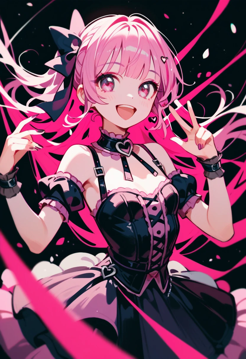 (masterpiece、top quality、very detailed))、one girl、fluffy bright pink hair、ponytail、Blue eyes、evil smile、((Smirk))、((a lot of piercings))、((Small breasts))、((Black blouse))、from the shoulder、Navel、lace trim、((Black pleated skirt))、cowboy shot、bedroom background, anime