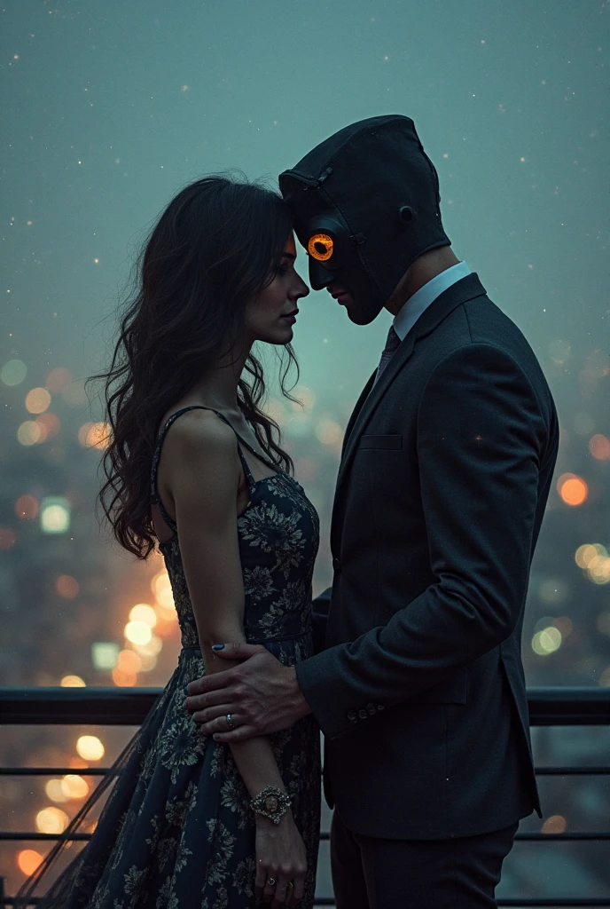 The man in suit with black  mouth mask with glowing like bulb blue eyes stab a hot sexy girl chest in red mini dress blood coming out
She fell in man hands look into his glowing blue eyes with despair 

The man left her body behind and left