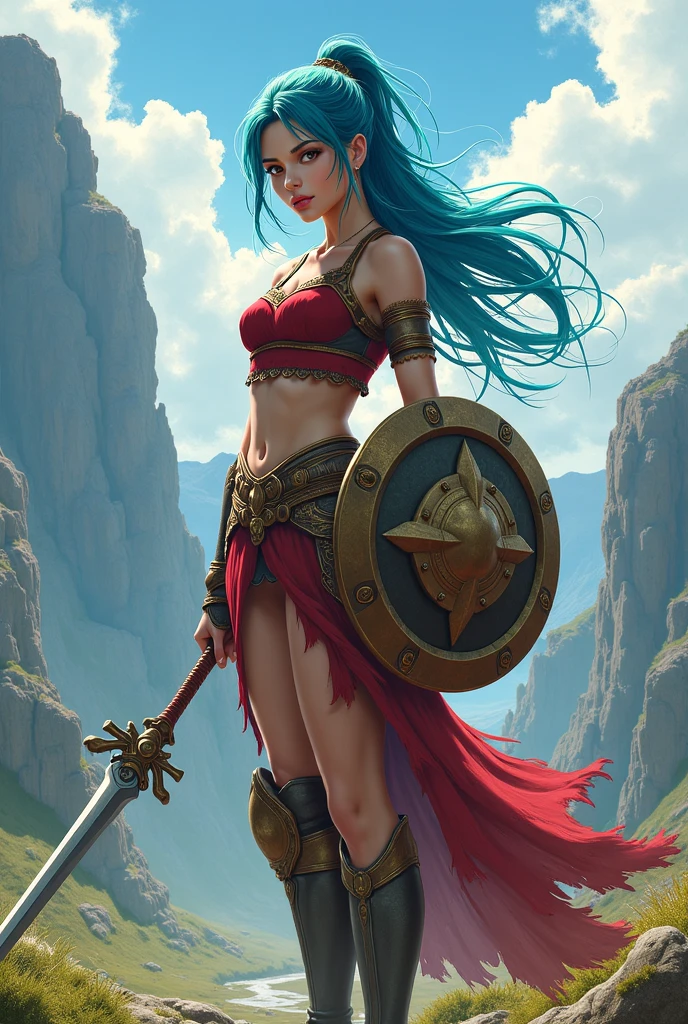 Female warrior with invisible armor, big breasts, nude, red, black shield, greeneyes, long clothes, stone scenery Training. With rays of fire, blue and blue hair. アニメ