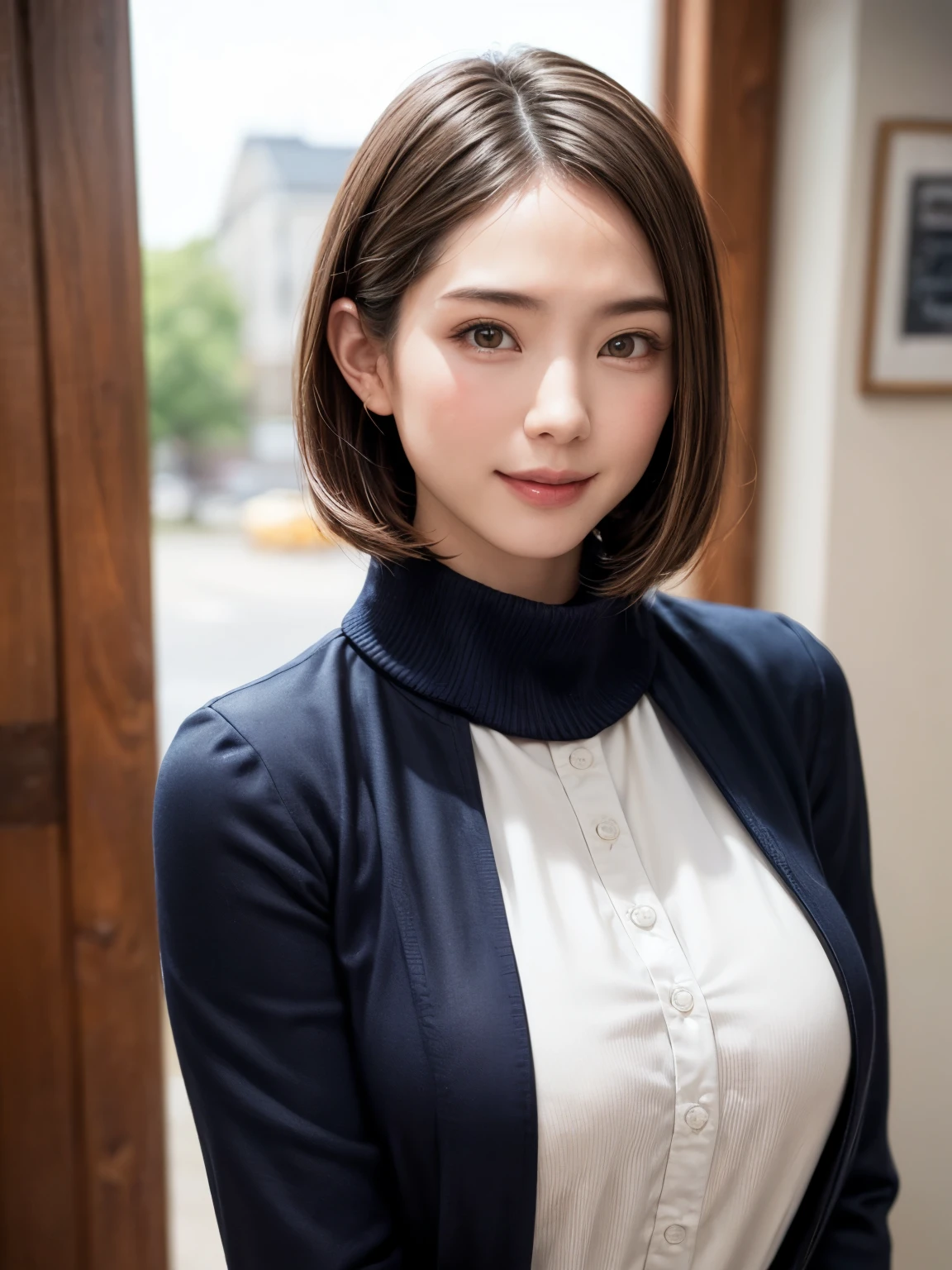((masterpiece))、((highest quality))、photograph、reality、High level image quality、Advanced depth of field、Super detailed、realistic lighting、secretary、30 years old、delicate features、short hair、Realistic background and accessories、big and full breasts、sexy lips、In-house elevator、navy jacket、Brown high-neck sweater that fits perfectly on the chest、wide shot、shyness、small smile、