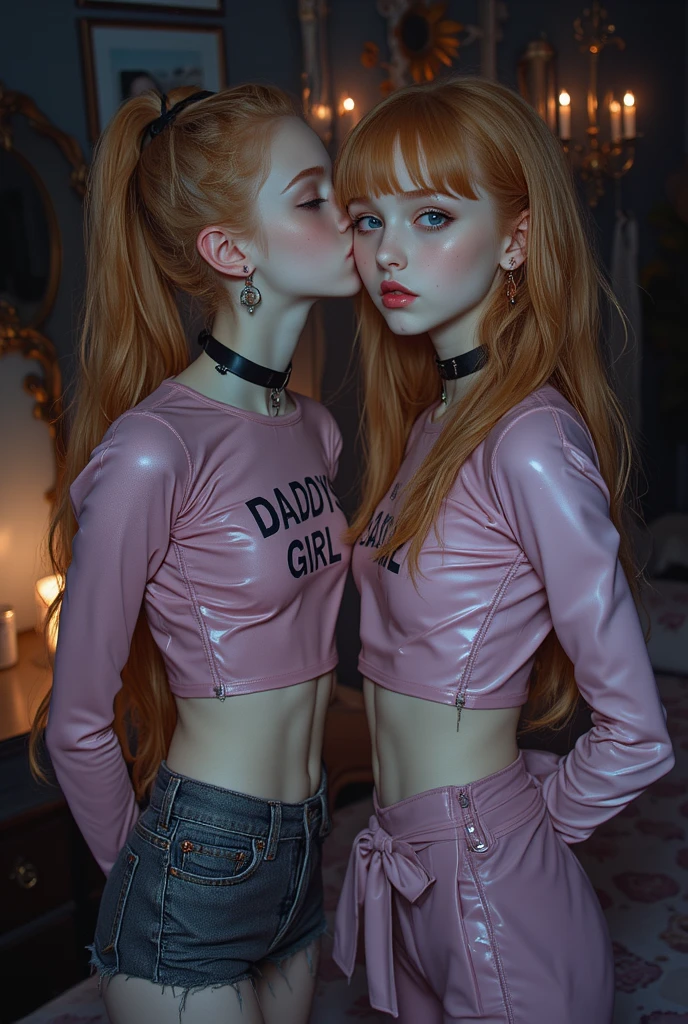 A realistic rendering of a David Wright style illustration of a very close shot, ultra close shot on the breasts  of  three girls, 3   pert, nubile, thin,  Freckled, teen   girls,  best quality, one's open mouth positioned close to the other's nipple, one's nipple positioned close to the other's mouth, with 50s style, very short, brown and blonde hair, topless, bare breasts, small breasts, little breasts, tiny breasts  pink nipples , puffy nipples , exposed nipples ,  wearing glowing, neon, pastel colored body harnesses, black leather, black lace,  open blouse, undressing,     uniform, partially clothed,  silver art deco design background