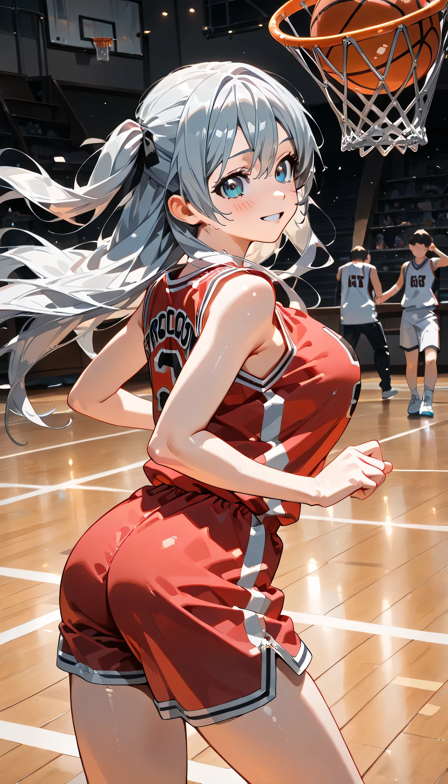 ((ultra-detailed)), (highly detailed CG illustration), (best quality:1.2), ultra-highly detailed, colorful composition, artistic photoshoot, 1girl, solo focus, ((thigh to top:1.4)), ((cowboy shot:1.4)), moe anime character, girl, dainty facial structure, (bab(round face), ((rounded chin:1.2)), ((ideal ratio body proportions)), celia-default, celia claire, (blue eyes), sparkle eyes, silver hair color, two side up, (hair ribbon with blue), ample breasts, (pink basketball uniform), ((smile)), ((blush:1.4)), ((basketball shoot:1.2)), ((hit the shoot:1.2)), balls, ((jumps)), (object), basketball, basketball net, raise your arms, look up, ((from behind:1.4)), dynamic pose, contrapposto pose, best quality, expecting, pink cheek, blush, light pink gloss slip, portrait, depth of field, soft lighting, sidelighting, (shine), lighting, caustics, ray tracing, perfect face, lustrous skin, highly detailed face, highly detailed eyes, perfect face, perfect nose, perfect hair, perfect eyes, perfect anatomy, beautiful hair, beautiful small face, extremely detailed face, beautiful detailed eyes, beautiful clavicle, beautiful body, beautiful huge breasts, leavage, breasts squeezed together, equalize the size of the left and right breasts, beautiful thin thighs, beautiful legs, beautiful fingers, ((4 fingers)), 1 thumb, lovely, (very detailed background:1.0), (highly detailed background:1.0), summer aesthetic, intricate details, shy atmosphere, summer colors palette, chromatic aberration