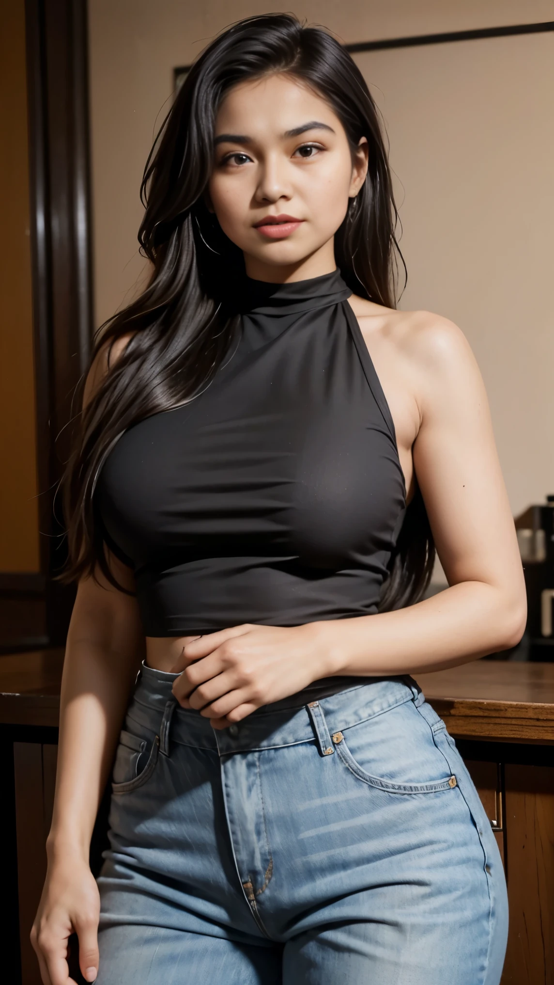 realistic, 1 women, naked, best quality, 12k, HD, long hair, big round breasts, cleavage, ponytail, necklace, jewelry, shorts, short jacket, slim hips, hair tie, yellow eyes, black hair, super detailed, Eye details, hair details, person details, mouth details, face details, breast details, clothes details, hair details, pants details, hand details, whole body