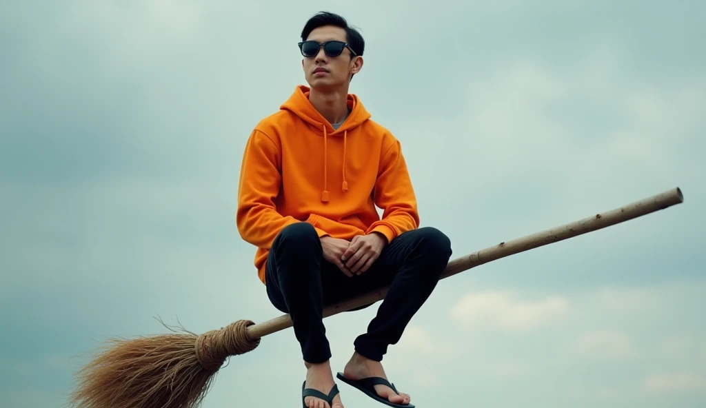 realistic photo, a man with a native Indonesian face, 25 years old, oval face, short side parted hair style, very thin body, sun glasses, wearing an orange hoodie, wearing black trousers, wearing black flip flops, looks his expression was scared, he looked like he was climbing higher, he could see a rope tied to a tree that was about to fall on his body, daytime atmosphere