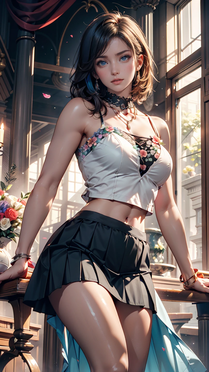 masterpiece, Highest quality, One girl, Sheer bodycon((body conscious)), a flowerpot, A small smile, Multicolored background, flower, Dynamic Color,Sexy proportions、Sexy、Silver Accessories、Stiletto heels、Fishnet tights、Cleavage Emphasis、Braided ponytail((braided ponytail))