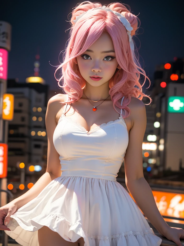 Cute super delicate girl in a ta dress with pink hair. Utra high image quality, tokyo at night background, blurry, bokah. Dark lighting, low key lighting, dark and gritty, nsfw, large breasts, cleavage, sexy pose, sexy expression