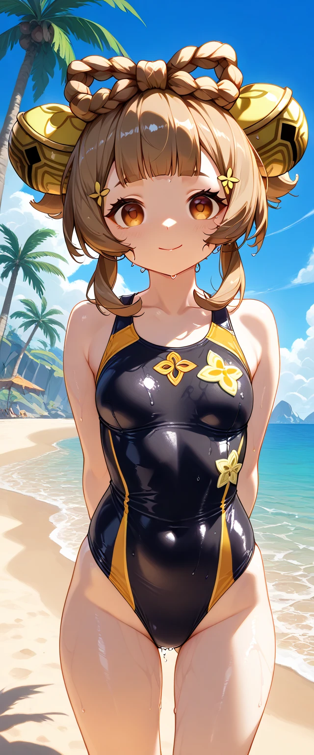 Reddish brown hair Short Bob Brown eyes beautiful girl Yellow swimsuit blue sea White sand beach Light of the sun smile sunglasses