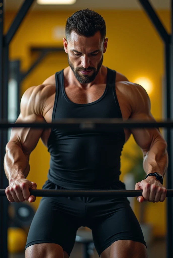 "A muscular man is performing a bench press at a gym. He is lying on a straight bench, holding a weight bar with his hands shoulder-width apart, pushing the weight upwards. The surrounding environment is a gym with weight training equipment, weight plates and a floor covered in black rubber mats. The wall in the background is red, and the lighting highlights the man's muscular definition, with emphasis on his well-defined pectoral and abdominal muscles. The scene captures the intensity of the workout in a weight training environment."