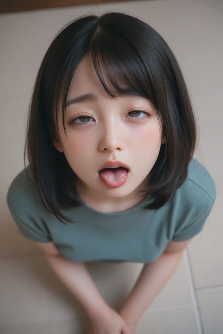 Bathrobes,(open mouth:1.5),(tongue out:2),lying,hand between legs,overhead shot,front view,face focus,(1girl,Beautiful 14 year old girl,teenager),((Slender,Small breasts,Small face,)),(looking at viewer),Black Hair,bangs,one side up,Beautiful and detailed,(Dimly lit room:1.5),White bed,pillow,Mischievous smile
