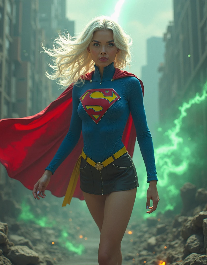 Epic realistic image depicting 1996 blonde beauty Supergirl with shoulder-length blonde hair wearing her iconic costume with red 'S' on a yellow diamond and blue skirt. Large breasts, full figure, perfect female figure. Supergirl lies on the ground, moaning in pain, as villains place pieces of glowing green kryptonite, the only substance which can hurt her, around her. She writhes helplessly in agony as one villain places a chunk of kryptonite on her body! Show the villains' hands and cruel mocking laughter as Supergirl's body bucks and heaves before them. Well lit. Side-on view.