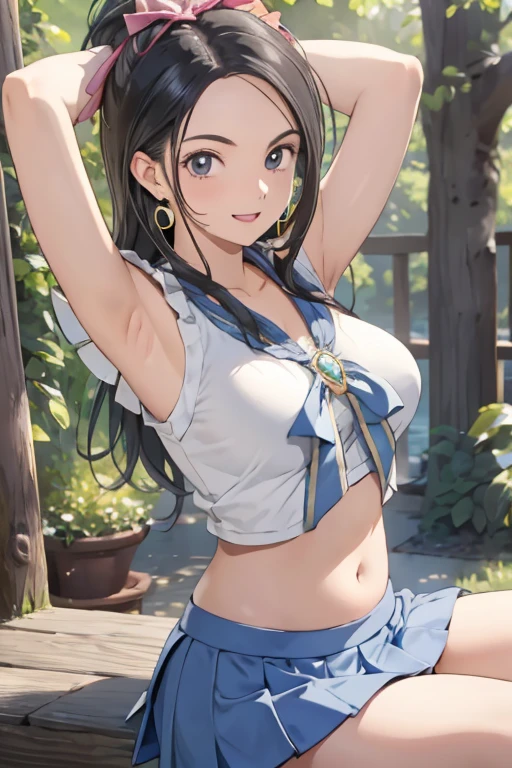 masterpiece, best quality, highres, lucy heartfilia, black hair, long hair, large breasts, white tshirt, sleeveless, yellow skirt, swiming shot, standing, looking at viewer, outdoors, waving, smile, open mouth,