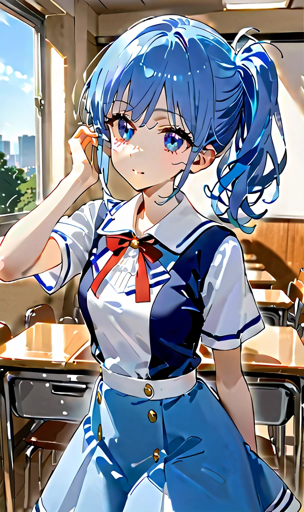 (masterpiece, top quality, very aesthetic, 4k、super detailed), (Photorealistic: 1.37),intricate detail, 1girl,stand、cowboy shot:1.3、
Cute Face、blue hair、middle hair,sidelock :1.4,,blue eyes:1.2、solo、sailor uniform、medium breasts,Slim 、JK