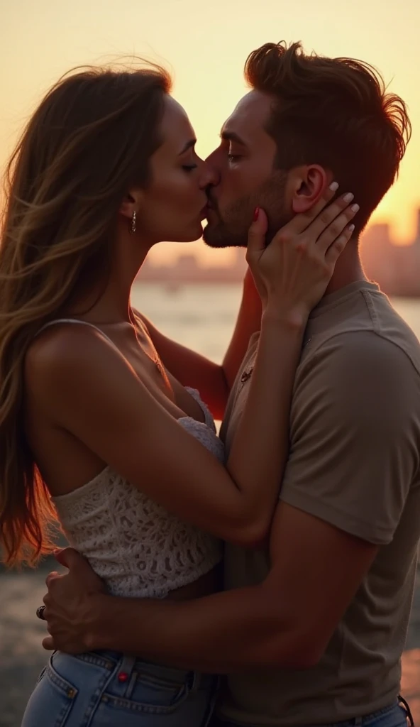 A close-up image of the couple’s faces, with the man looking fiercely protective and the girlfriend displaying a sense of trust and gratitude, capturing the depth of their connection and their ability to face adversity as a team, set against an isolated blue background.