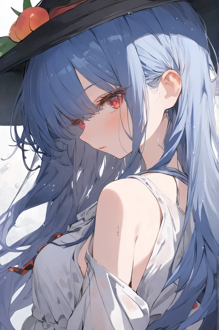 ，  top ，   is the best quality ，   official art  , beauty, Then choose    ， Very detailed （ split art 1   .2），Most detailed ，   a girl ，   face is expressionless   ，  dark blue long hair    ，  Wearing a wizard hat，   dark red eyes   ,   Very detailed  ,    high detail ,   Tall Cool Girls ，  Dark  ， Droopy eyes   ,  Light red , meditation，  taller，  shy expression ， and face the audience ,wet，profile，White summer dress