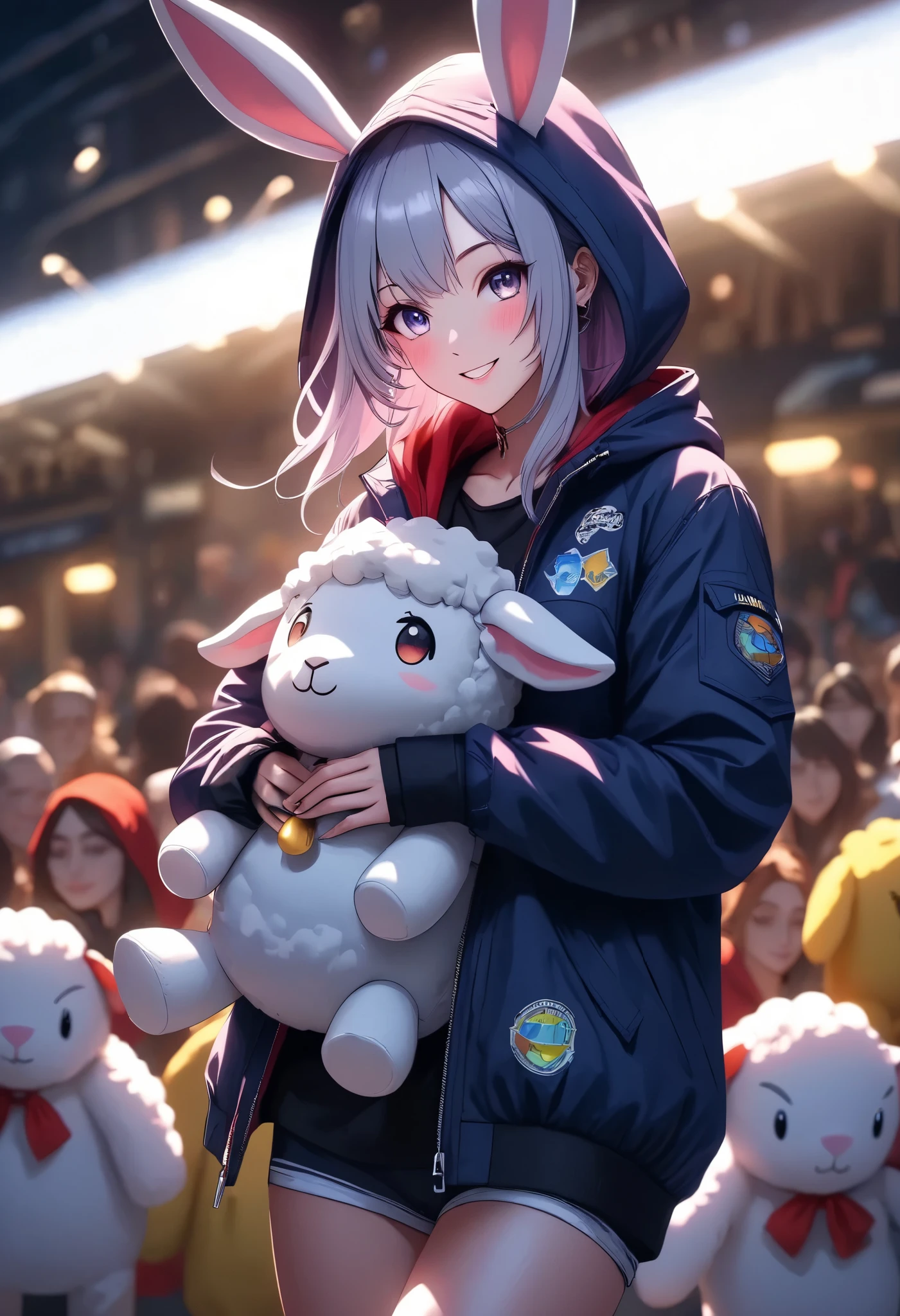 1 woman, \Character "Atlas"\, with plush toy, Alone, the plush toy is a cute rabbit, she is holding ears of the plush toy,
\Atlas\ is wearing simple (Hooded parka,\not bunny ears:1.2)\, and she's wearing loose sweatpants, pop street casual,
BREAK She walks like she's dancing, very happy, Blessed by her many friends, thank you,
HIGH REALISTIC ,4K resolution,Extreme detail,Realistic Illustrations by Experts,Intense colors,Attractive lighting,dynamic composition,FUNNY ATMOSPHERE