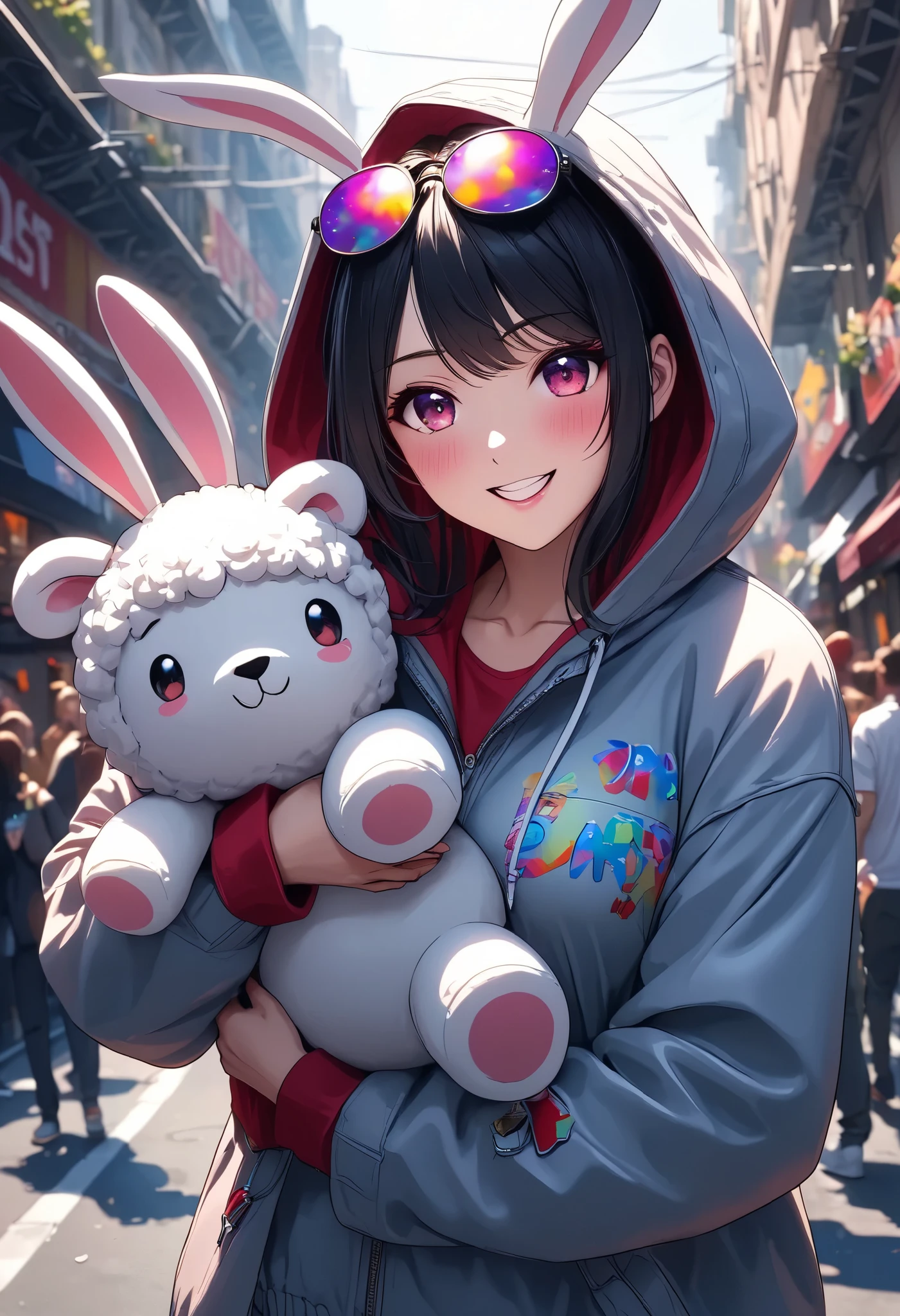 1 woman, \Character "Atlas"\, with plush toy, Alone, the plush toy is a cute sheep, she is holding the plush toy, 
\Atlas\ is wearing simple (Hooded parka,\not bunny ears:1.2)\, and she's wearing loose sweatpants, pop street casual, 
BREAK She walks like she's dancing, very happy, Blessed by her many friends, thank you, 
HIGH REALISTIC ,4K resolution,Extreme detail,Realistic Illustrations by Experts,Intense colors,Attractive lighting,dynamic composition,FUNNY ATMOSPHERE