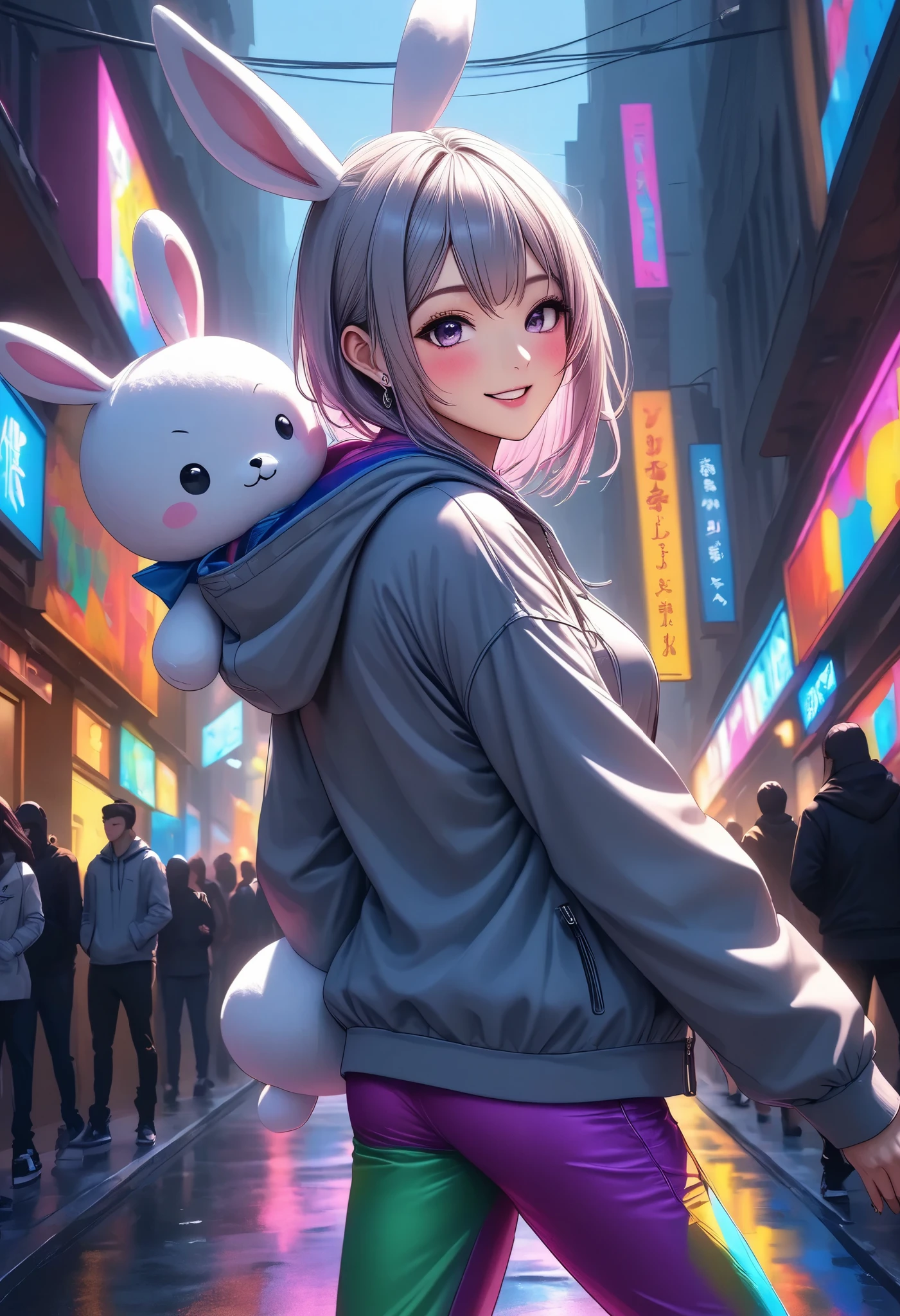 1 woman, \Character "Atlas"\, with plush toy, Alone, the plush toy is a cute rabbit, she is holding ears of the plush toy, 
\Atlas\ is wearing simple (Hooded parka,\not bunny ears:1.2)\, and she's wearing loose sweatpants, pop street casual, 
BREAK She walks like she's dancing, very happy, Blessed by her many friends, thank you, 
wonderful realism,4K resolution,natural details,Realistic Illustrations by Experts,intense pop colors,Attractive lighting,dynamic composition,FUNNY ATMOSPHERE, 