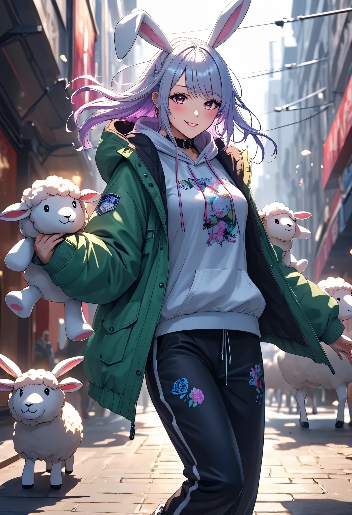 1 woman, \Character "Atlas"\, with plush toy, Alone, the plush toy is a cute sheep, she is holding the plush toy,
\Atlas\ is wearing simple (Hooded parka,\not bunny ears:1.2)\, and she's wearing loose sweatpants, pop street casual,
BREAK She walks like she's dancing, very happy, Blessed by her many friends, thank you,
HIGH REALISTIC ,4K resolution,Extreme detail,Realistic Illustrations by Experts,Intense colors,Attractive lighting,dynamic composition,FUNNY ATMOSPHERE