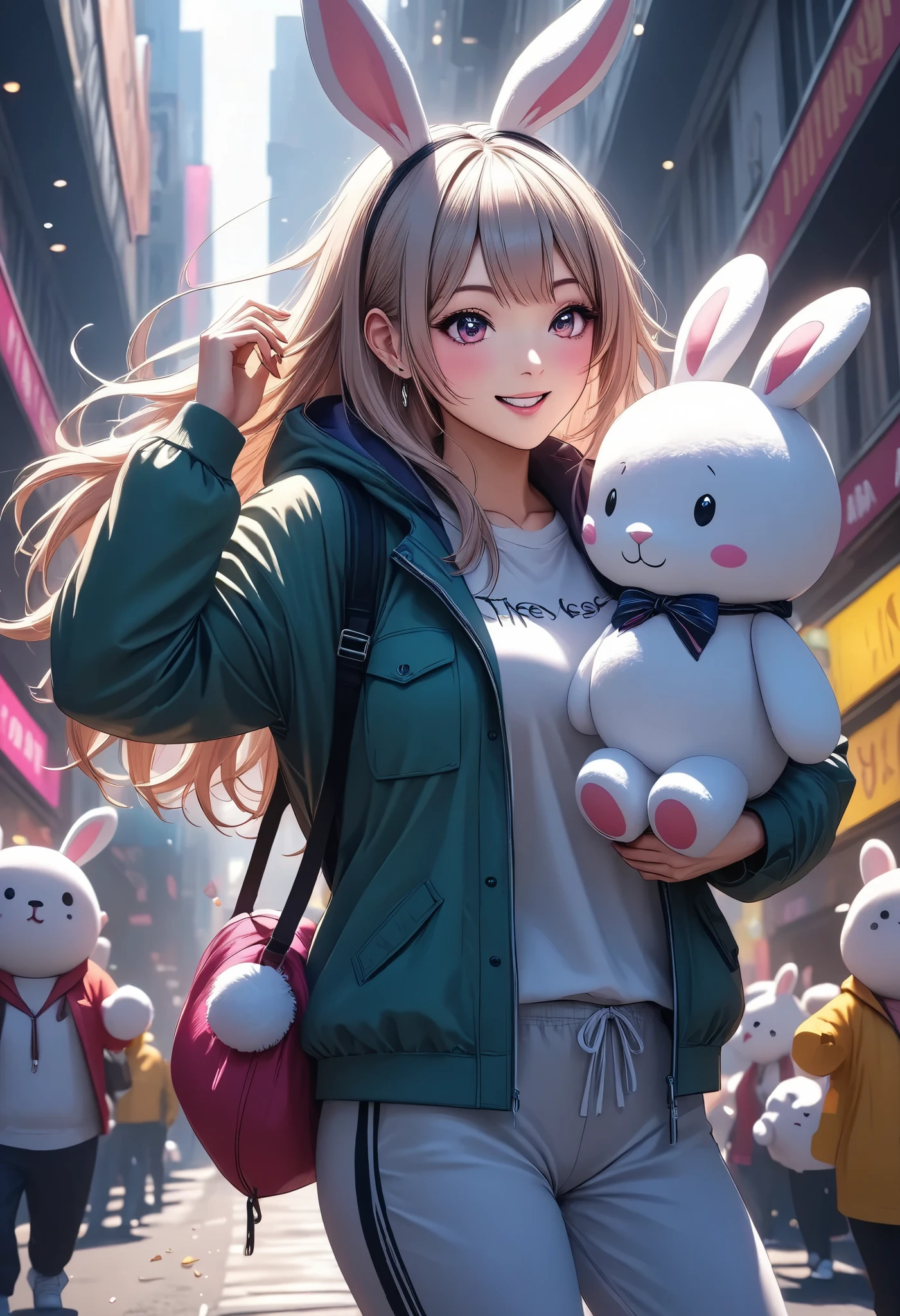 1 woman, \Character "Atlas"\, with plush toy, Alone, the plush toy is a cute rabbit, she is holding ears of the plush toy,
\Atlas\ is wearing simple (Hooded parka,\not bunny ears:1.2)\, and she's wearing loose sweatpants, pop street casual,
BREAK She walks like she's dancing, very happy, Blessed by her many friends, thank you,
wonderful realism,4K resolution,natural details,Realistic Illustrations by Experts,intense pop colors,Attractive lighting,dynamic composition,FUNNY ATMOSPHERE, Comprehensive balance adjustments, top quality,