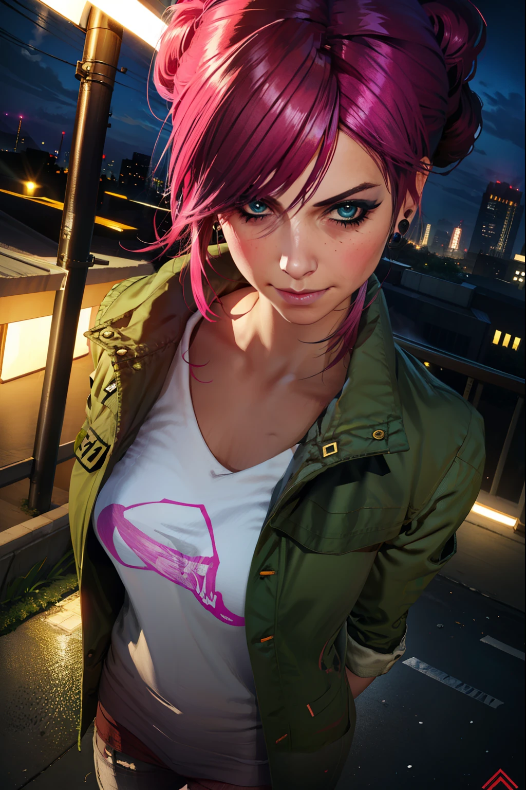 (extremely detailed CG unity 4k wallpaper),(best illustration),(best shadow),(absurdres), (simple night background), fetchxl, multicolored hair,pink hair, blue eyes, green jacket,white shirt with logo,shorts,earrings,jeans, standing,upper body, city rooftop,neon lights,night, Neutral expression, looking at viewer, nose ring, small smile, shy, medium breasts, Lithe figure, close up,