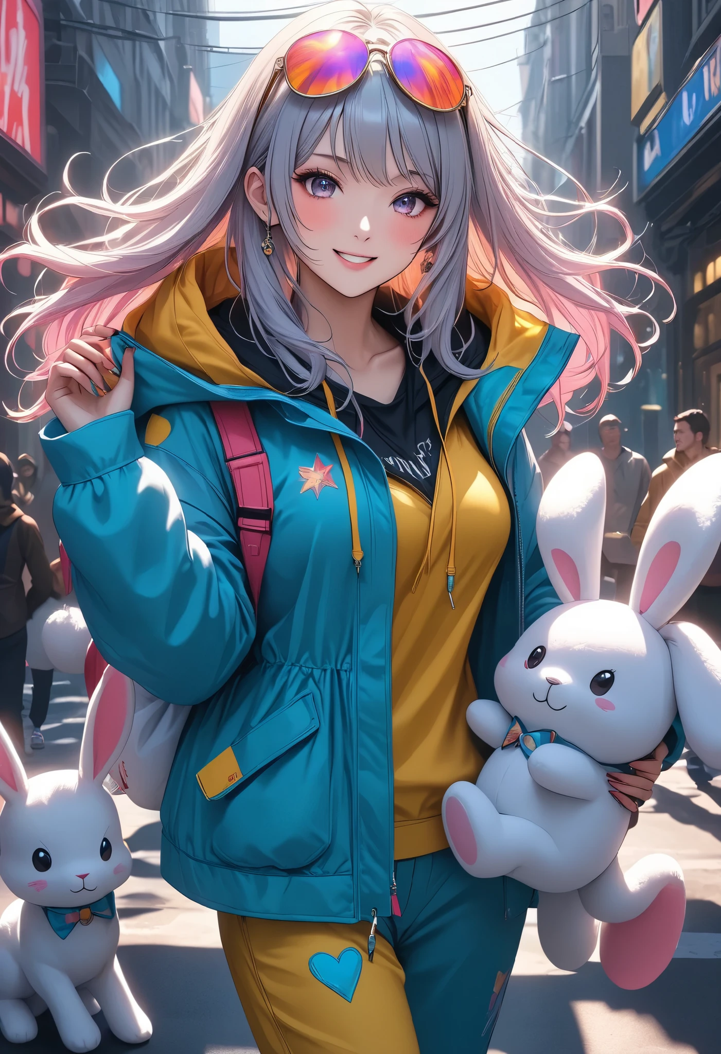 1 woman, \Character "Atlas"\, with plush toy, Alone, the plush toy is a cute rabbit, she is holding ears of the plush toy,
\Atlas\ is wearing simple (Hooded parka,\not bunny ears:1.2)\, and she's wearing loose sweatpants, pop street casual,
BREAK She walks like she's dancing, very happy, Blessed by her many friends, thank you,
wonderful realism,4K resolution,natural details,Realistic Illustrations by Experts,intense pop colors,Attractive lighting,dynamic composition,FUNNY ATMOSPHERE, Comprehensive balance adjustments, top quality,
