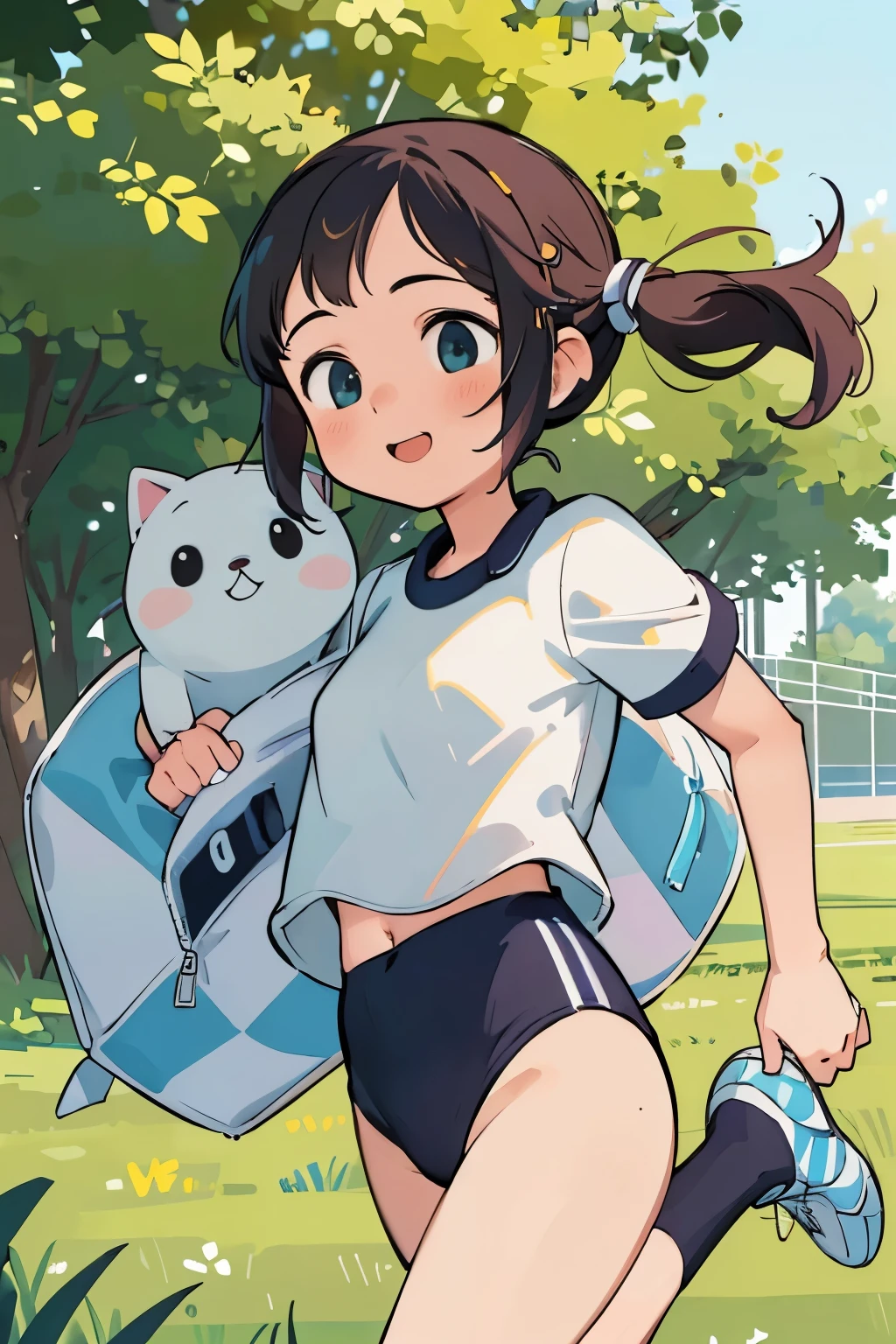 (masterpiece、highest quality、highest quality、official art、beautiful beautiful:1.2)、(1 girl:1.3)Hatsune Miku、twin tails,table top, highest quality, 8k_wallpaper, (beautiful eyes), ((cute)), cute, (Lovely), (Please park on sunny days),1 girl,,1 ,standing girl,smile,Portrait(((run a marathon)))、(((jogging)))、((track and field uniforms))wearing a Black gymnastics bloomers, High leg、white blouse, cowboy shot、