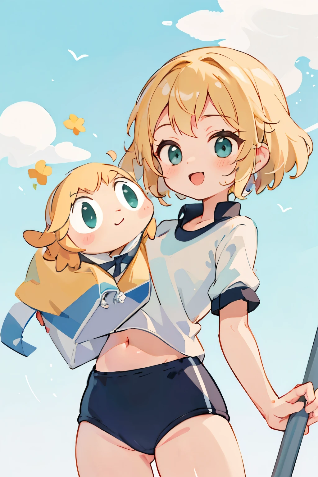 masterpiece, highest quality, cute, cute, 1 girl, alone, blonde hair, aqua eye, smile, Sunny, cloudy sky,wearing a Black gymnastics bloomers, High leg、white blouse, cowboy shot、