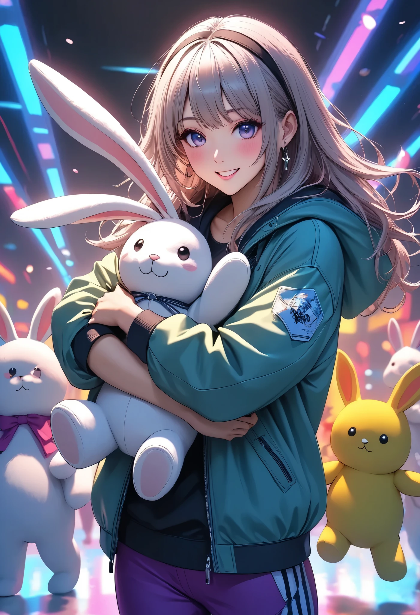 1 woman, \Character "Atlas"\, with plush toy, Alone, the plush toy is a cute rabbit, she is holding ears of the plush toy,
\Atlas\ is wearing simple (Hooded parka,\not bunny ears:1.2)\, and she's wearing loose sweatpants, pop street casual,
BREAK She walks like she's dancing, very happy, Blessed by her many friends, thank you,
wonderful realism,4K resolution,natural details,Realistic Illustrations by Experts,intense pop colors,Attractive lighting,dynamic composition,FUNNY ATMOSPHERE, Comprehensive balance adjustments, top quality,