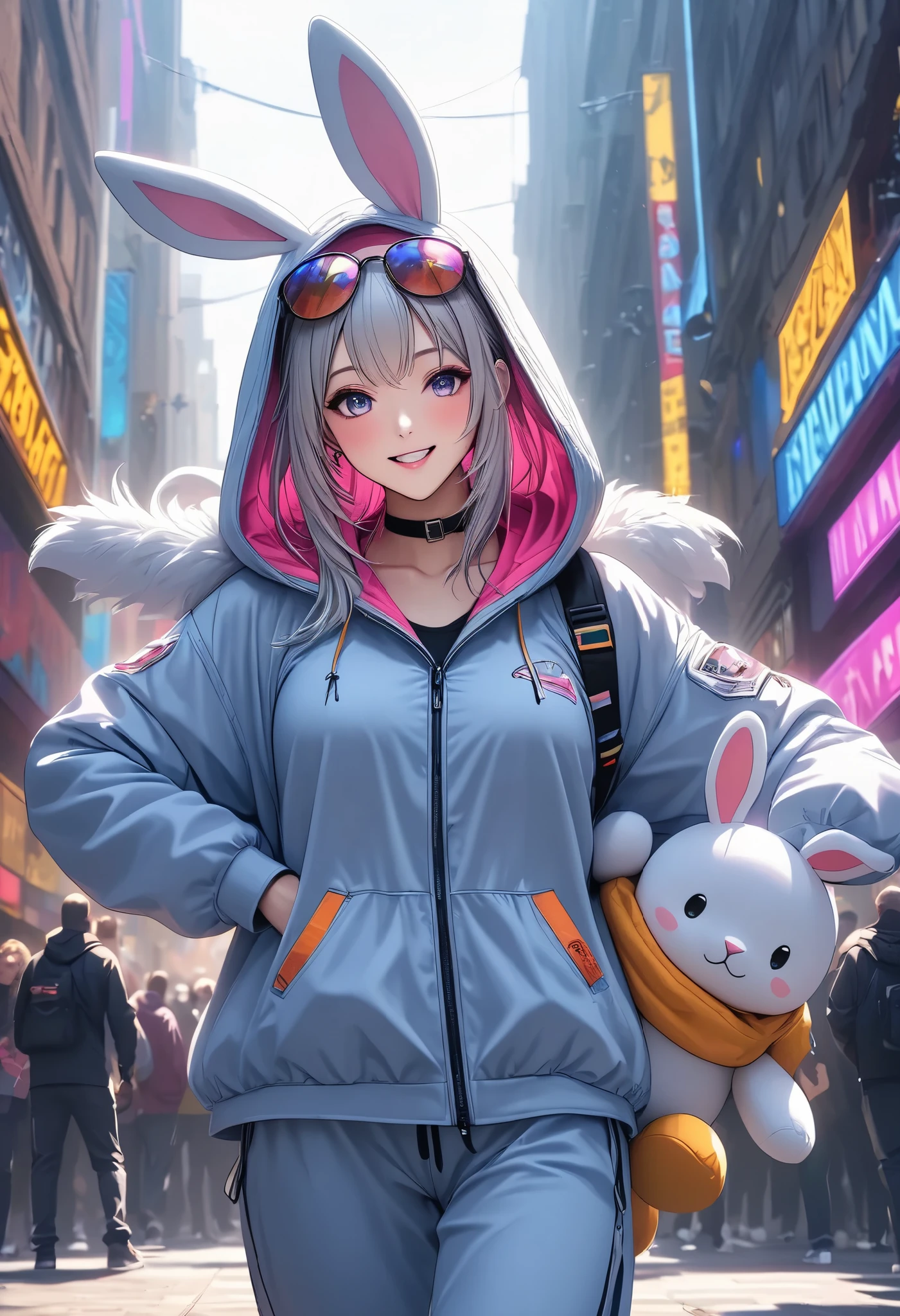 1 woman, \Character "Atlas"\, with plush toy, Alone, the plush toy is a cute rabbit, she is holding ears of the plush toy,
\Atlas\ is wearing simple (Hooded parka,\not bunny ears:1.2)\, and she's wearing loose sweatpants, pop street casual,
BREAK She walks like she's dancing, very happy, Blessed by her many friends, thank you,
wonderful realism,4K resolution,natural details,Realistic Illustrations by Experts,intense pop colors,Attractive lighting,dynamic composition,FUNNY ATMOSPHERE, Comprehensive balance adjustments, top quality,