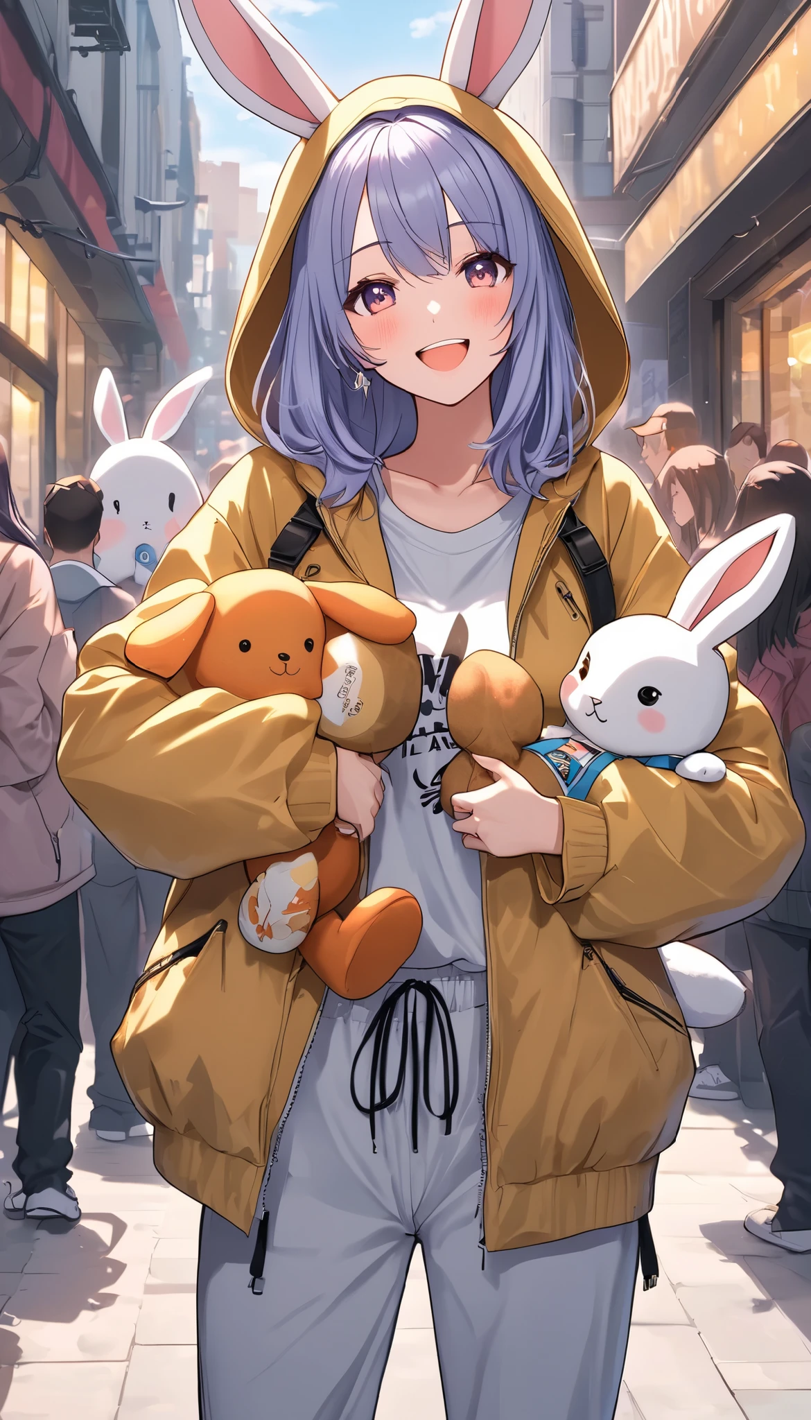 1 woman, \Character "ATLAS"\, with plush toy, solo, the plush toy is a cute rabbit, she is holding the ears,
\ATLAS\ is wearing Hooded parka, and she's wearing loose sweatpants, pop street casual,
BREAK She walks like she's dancing, very happy, Blessed by her many friends, thank you,