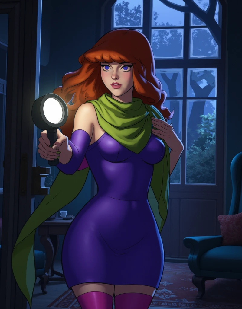 Daphne Blake. 20 years old, blue eyes, ginger hair, fair skin, big breasts. Beautiful face, concerning facial expression. She is wearing a purple hair band, green silk scarf, form-fitting purple short dress, pink pantyhose. She is snooping around with a flashlight. Creepy manor, old fashion furniture, dark, large window, night time, storm outside.
