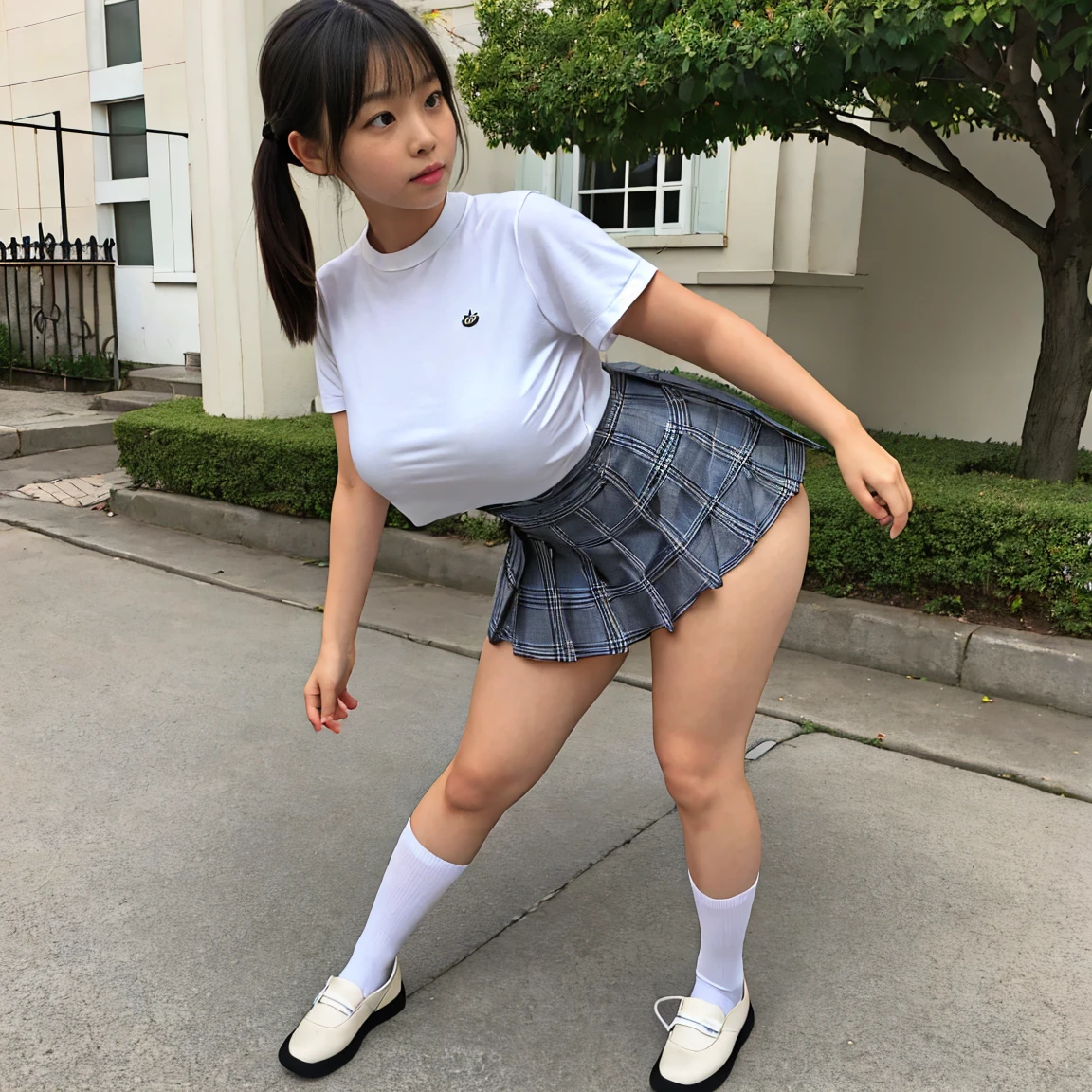 ((Japanese high school uniform)),Wear a short pleated skirt 、Silk panties sticking out、panty shot、focus on panties、soft skin body、ponytail, japanese girl, 8K, huge breasts,full body shot、 highest quality, masterpiece, realistic, Photorealistic super detail, one girl, cute, best smile, beautiful eyes, long hair, perfect face,full body shot
