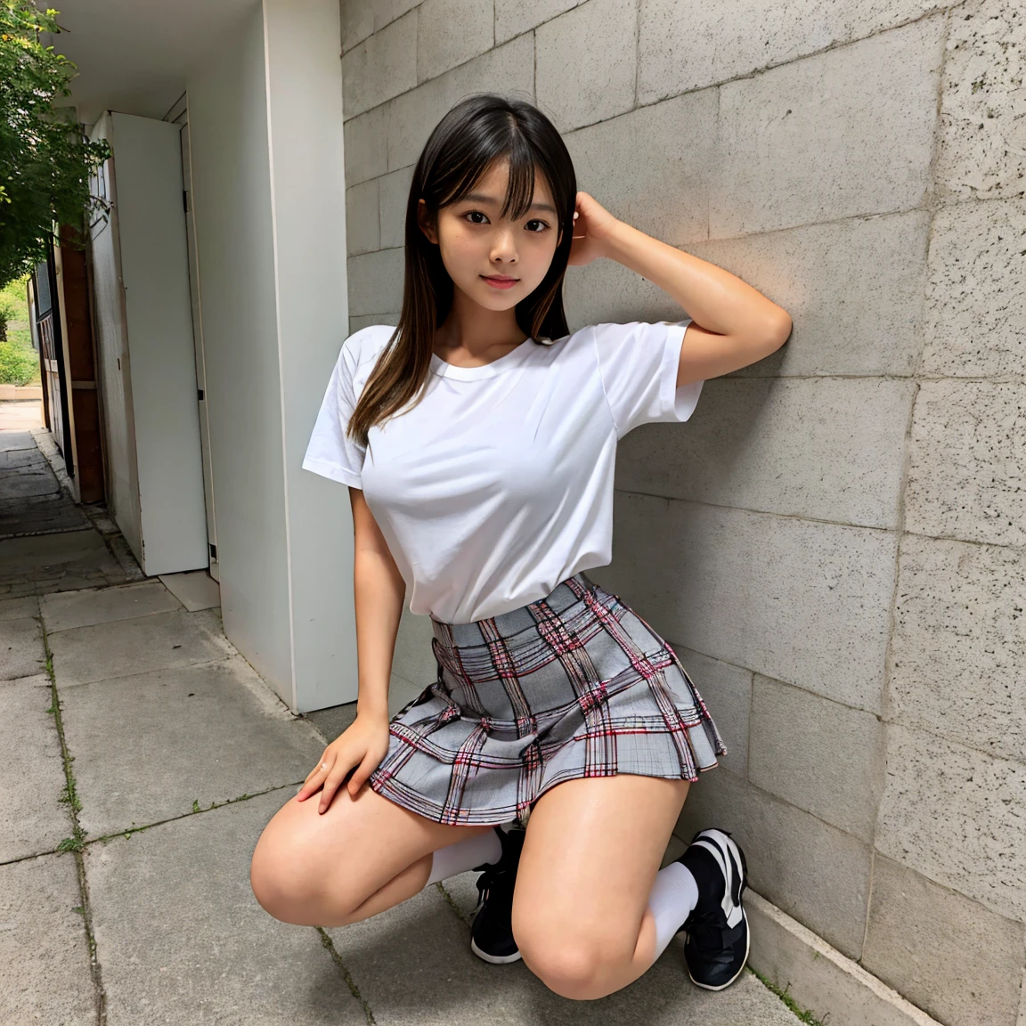 (Browsing Caution:0.99)、Beautiful girl, (Skirt flip), looking at the camera, Angle from below, Short skirt、Spread your legs:1.2, squat, A shy smile, Japan , Beautiful Skin, ((Highest quality, 16K, Tabletop: 1.3)), 1 Girl, Light on the face, Ultra detailed face, Highly detailed lips, Fine grain、Realistic Skin、Cute design panties、Shaven、Various Hair Styles、Uniforms in different colors、Natural clothing、Vans Sneakers、bite、Detailed panties