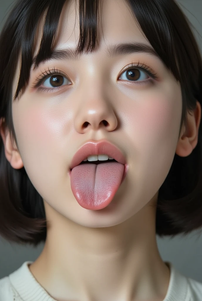 Audrey Hepburn、1 girl,debris flies,,Award-winning photo, very detailed, focus the eyes clearly, nose and mouth,face focus, super close up of face、woman with open mouth and closed eyes,20-year-old,black hair、symmetrical face,realistic nostrils、angle from below、elongated C-shaped nostrils,,,,,,,,,,,NSFW,sweaty and shiny skin、汗でglowing skinを強調する照明、((sharp nose))汗でglowing skin、shiny skin、sweaty hair、sun'Rays shine、(wrinkles between eyebrows))(cum on tongue)、deep kiss、((thin eyebrows))oily skin、glowing skin、double eyelid、wet and shiny tongue、Beautiful face woman with wet tongue full of foam、Beautiful woman、(short bob、mushroom cut,dull bangs),roll your eyes、shortcut、Harajuku street、blouse,upper body only,