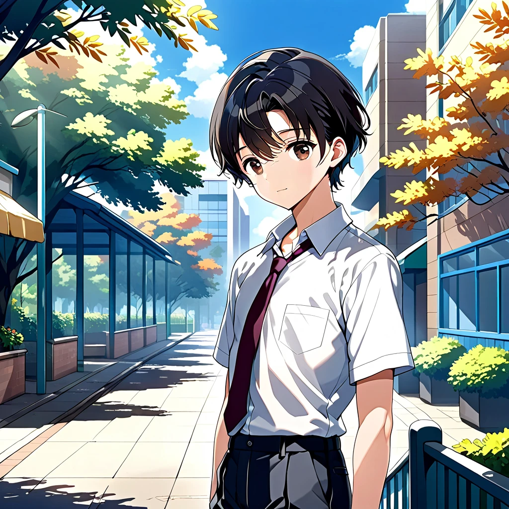 digital cel-shaded anime, 1boy, solo, pure boy, cute face, he looks lovely, brown eyes, black hair, straggly hair, Short hair, shorthair, very short hair, short bangs, high school uniform, student, long pants, necktie, small eyes, femboy, girlish, common scenery, flat chest, Poor chest, flatchest
