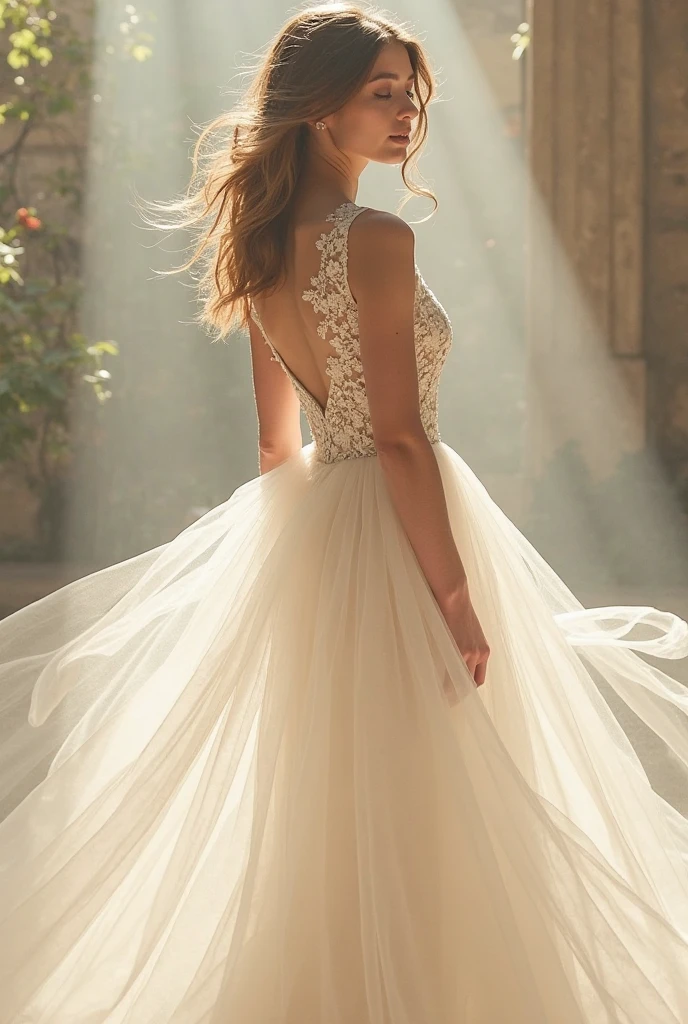 A bride admires herself in the mirror, dressed in a simple yet elegant wedding gown. 'I can’t believe I’m getting married. It's a moment every girl dreams of.'" Scene 1