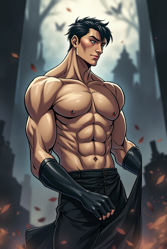 a young warrior, standing sideways, with hand wiping mouth. ready for the fight. He has no clothes.