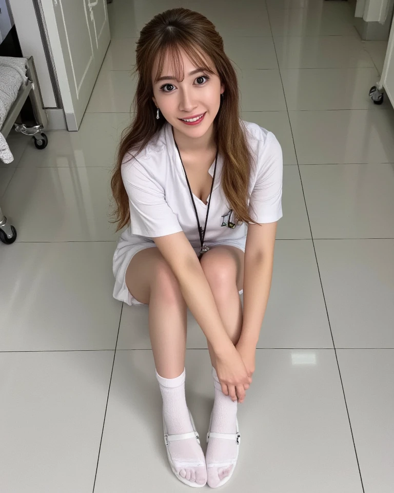 Tabletop, Highest quality, figure, Very detailed, In detail, High resolution, 8k wallpaper, Perfect dynamic composition, Beautiful attention to detail, (Nurse uniform)、(Squatting and spreading legs in an M-shape、Panties are visible 1.2),Medium Hair, Natural color lip, Random sexy poses,smile,