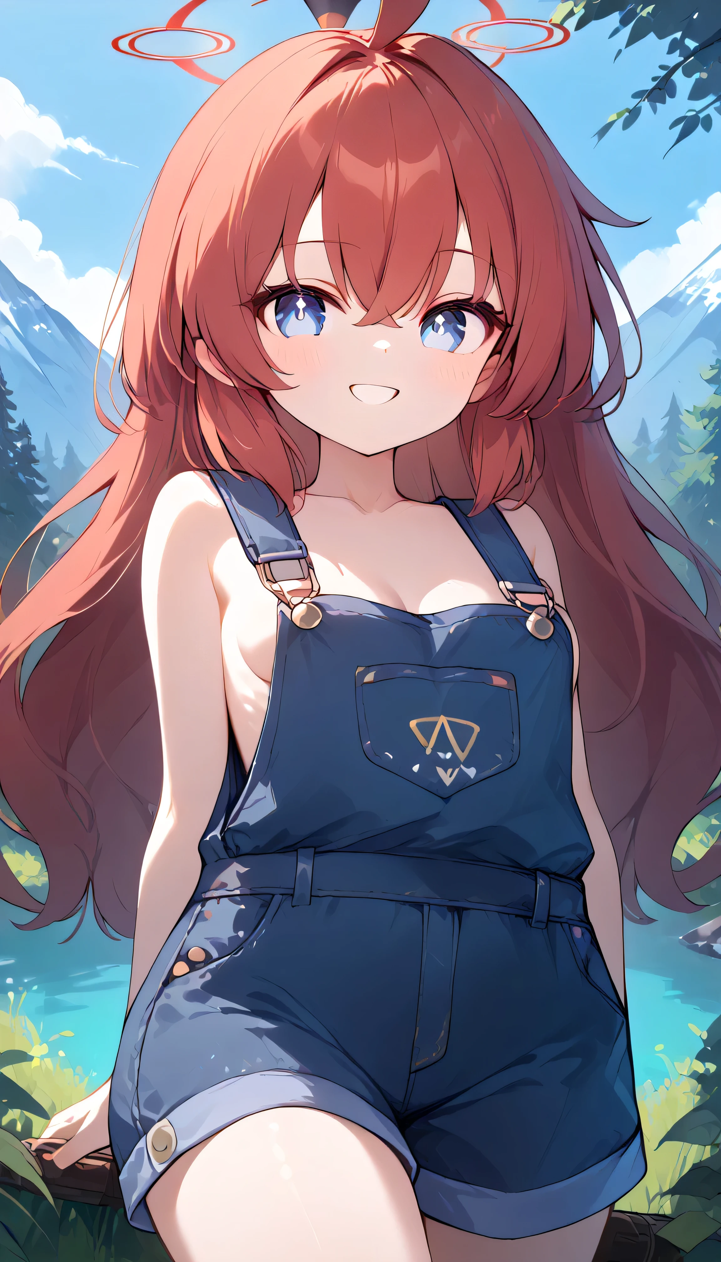 maki \(blue archive\),blue eyes,red hair,straight hair,long hair,ahoge,halo, Alone, you can see your eyebrows from inside your hair, hair between their eyes, naked overalls, overalls, sideboob, cleavage, areola, viewers, masterpiece, top quality, very aesthetic, thick thighs, smile Wide pelvis, Outdoors blue sky in the woods in the mountains forest Grassland Bushes small breasts small tits Bare arms