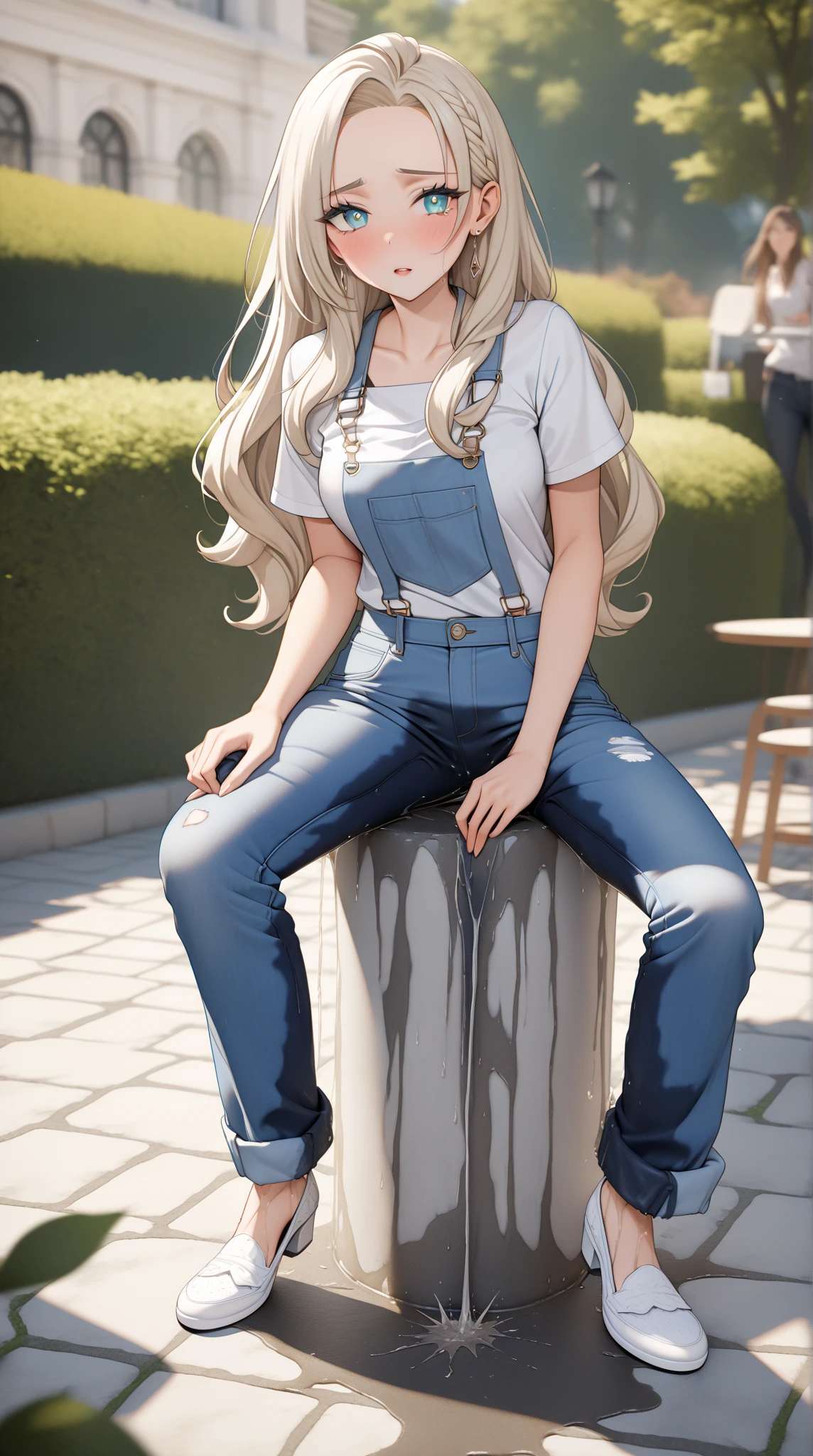 ((best quality, masterpiece:1.3, 8K)), (detailed), highly detailed face and skin texture, detailed eyes, downtown, full body, slender body, 1girl, 25 years old, white skin, blue eyes, worried, embarrassed, blond hair, straight hari, long hair, (forehead:0.8), (stylish shirt:1.2), jeans pants, skinny jeans, blue jeans, stylish shoes, peeing jeans, peeing pants, pee stain, (wetting herself:1.2), desperation,