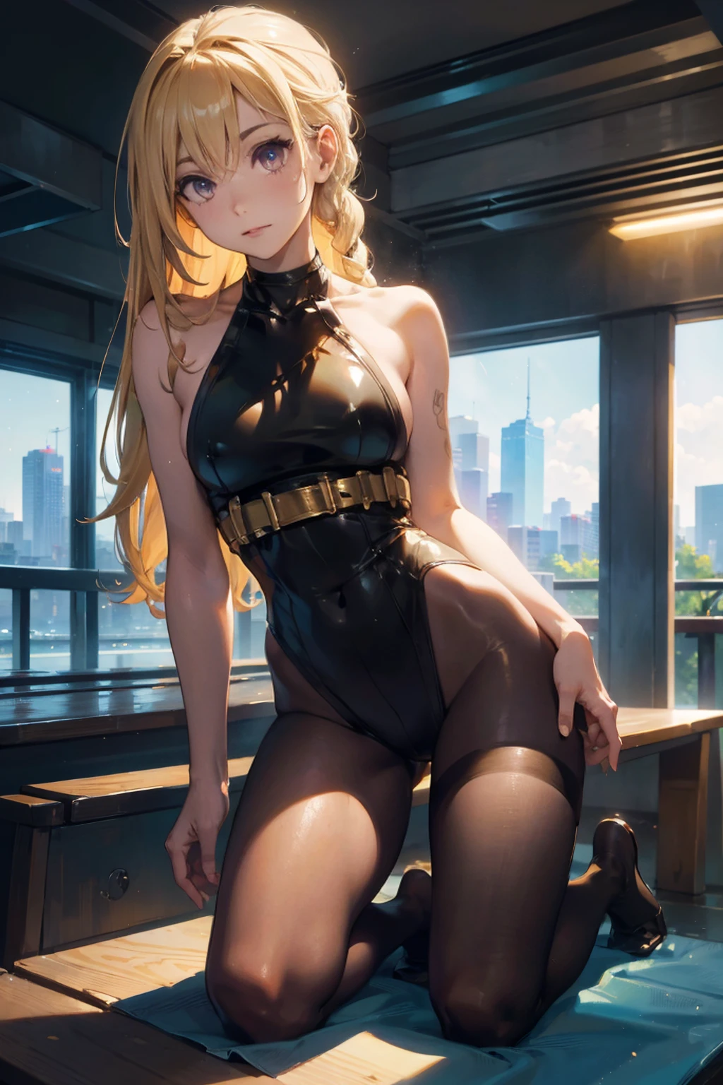 Giantess, long sexy legs, yellow hair, bikini,lying on top of destroyed buildings, city at her feet burns in flames for the destruction she has caused, tiny people climb on her body to try to defeat her uselessly. Giantess, goddess, macrophilia, curvaceous body, hentai, fetish, sexy legs, bikini, high heels, high quality, tiny people, people climbing body, giantess body, small people