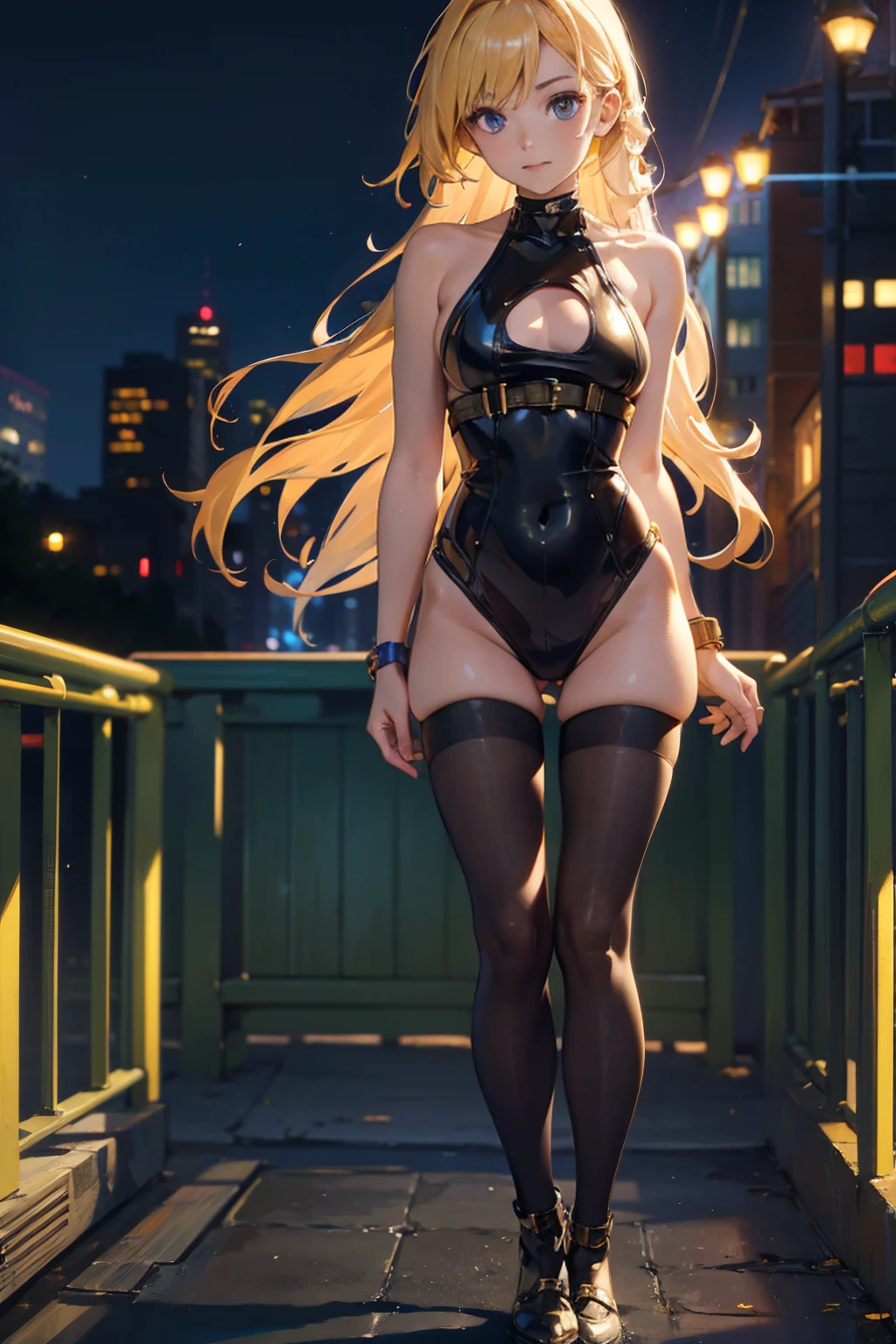 Giantess with blonde hair and black outfit, wearing sheer panties and heels in the city, watching a small human as she destroys the city around her. Giantess, sexy legs, long legs, macrophilia, small human, small city, hot.