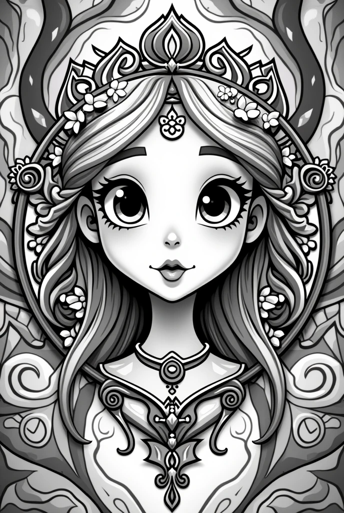 (Black and white coloring book:1.5), masterpiece, Highest quality, (Detailed Background), High Contrast, Highly detailed face, ((Eyes are clearly defined)), smile, Incorporating the Art Deco style of the 1920s、A dress featuring geometric patterns and gold accents, Line drawings without color or shading, Beautiful line drawing, The outline is a thick line, Hair is white, Skinny
