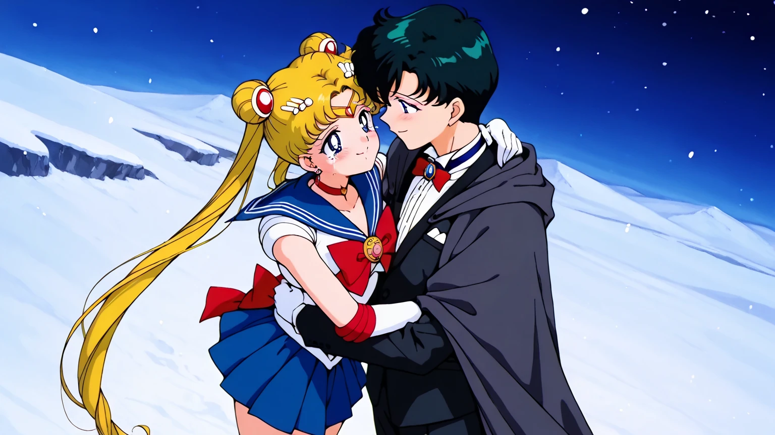 masterpiece,best quality,amazing quality, usagi tsukino, blonde hair, blue eyes, double bun, hair bun, hair ornament, long hair, twintails, circlet, parted bangs,
back bow, blue sailor collar, blue skirt, bow, brooch, choker, elbow gloves, gloves, jewelry, magical girl, pleated skirt, red bow, red choker, ribbon, sailor collar, sailor senshi uniform, skirt, white gloves, face to face, north pole, snow, hills, male, chiba_mamoru, 1boy black hair, short hair, tuxedo suit, cloak, dark blue eyes, hug, hugging, happy tears girl, smile boy, from above, night