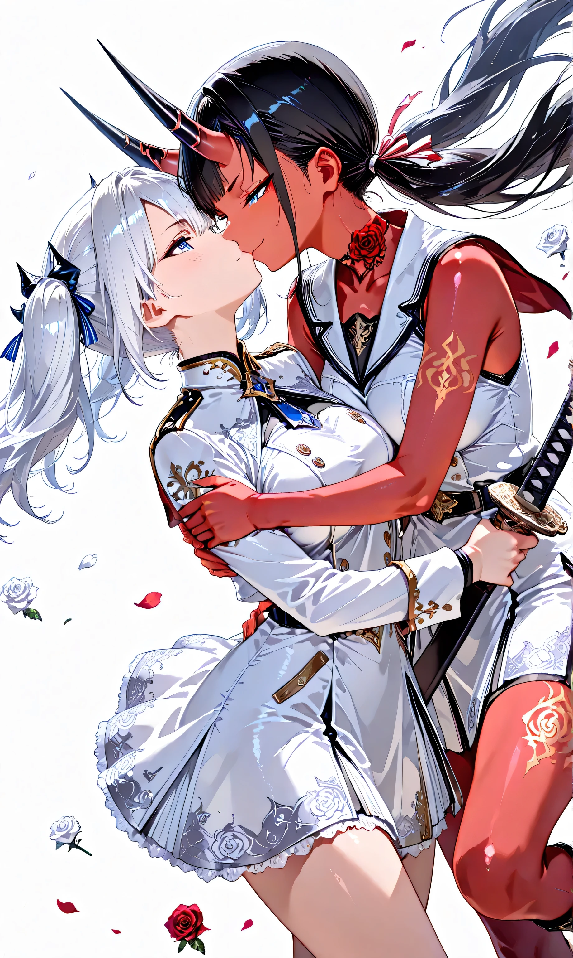 masterpiece, absurdres, very aesthetic, engraved, (Watercolor: 0.4), (Pastel: 0.6), two distinct girls kissing, left side: short stature human, jet black long twin tails with faint white highlights tied with a ribbon, knight in a white rose military uniform loosened and falling, blue eyes, holding an engraved katana high with both hands in a cowboy shot, subtle smirk, right side: tall stature Aka-Oni, red skin, smooth horns, black horns, jet black long twin tails with faint white highlights tied with a ribbon, knight in a red rose military uniform partially shed, blue eyes, holding an engraved katana high with both hands in a cowboy shot, fierce grin, scattered white roses, sunrise hope, simple white background